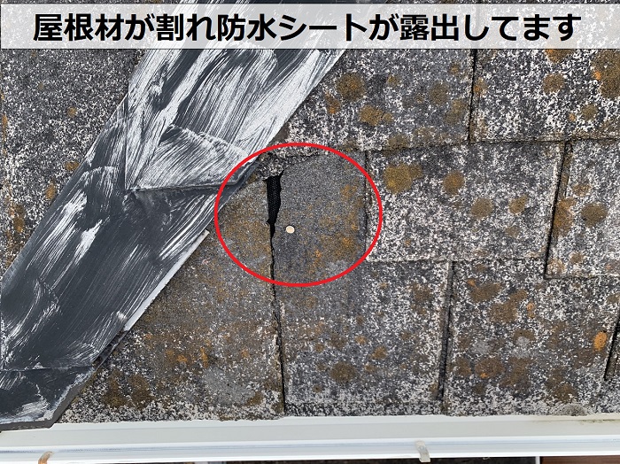 スレート屋根が割れて防水シートが露出している様子