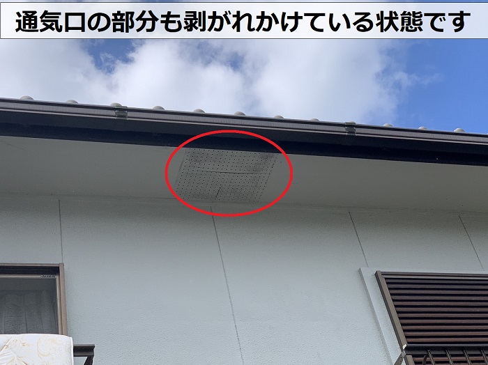 軒天の通気口の部分も剥がれかけている状態