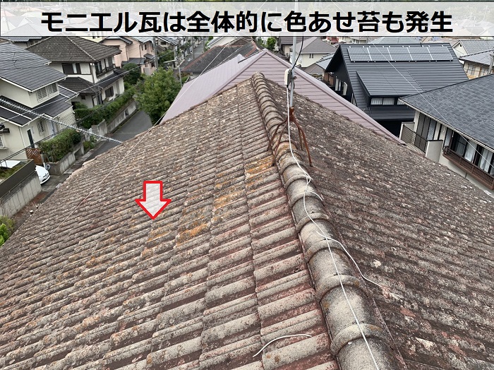 モニエル瓦は全体的に色あせて苔が発生している様子