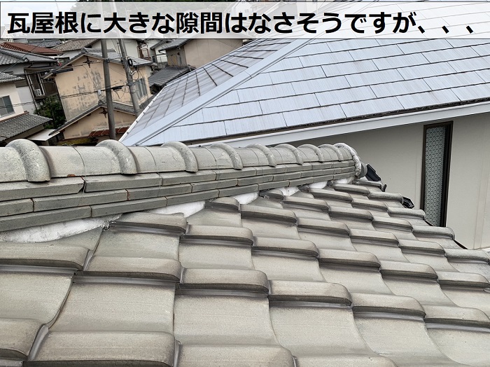 家コウモリ対策のご相談を頂き瓦屋根に隙間がないか確認している様子