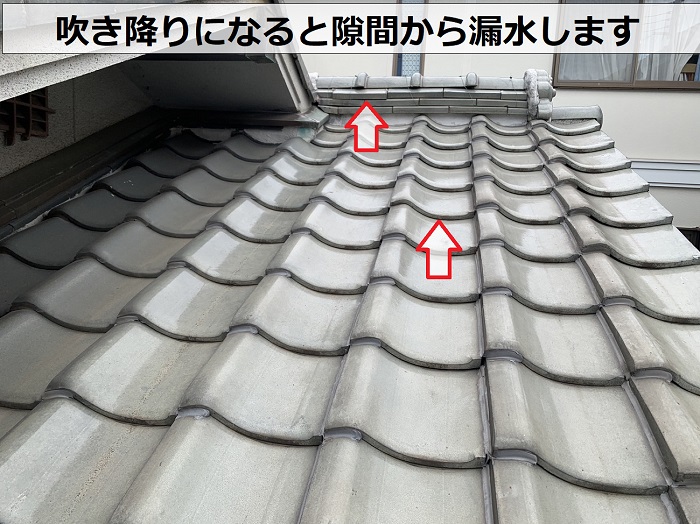 瓦屋根の隙間から漏水して1階部分へ雨漏りしている様子