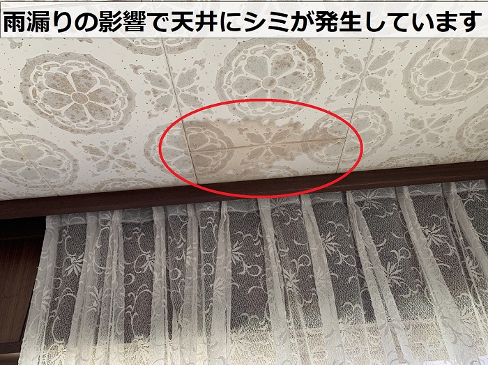 中古物件購入後に雨漏りが発生して天井にシミが出来ている様子