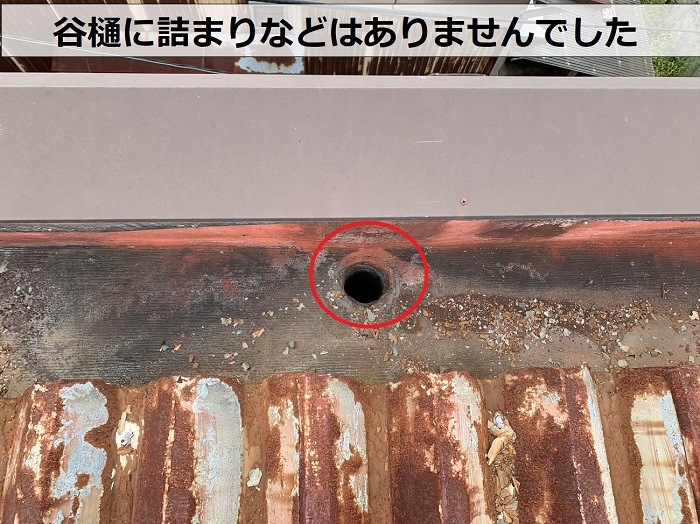 加東市のアパート折板屋根の谷樋を調査した様子
