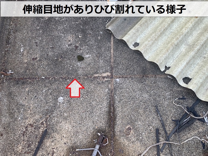 屋上点検で伸縮目地が割れているのを確認