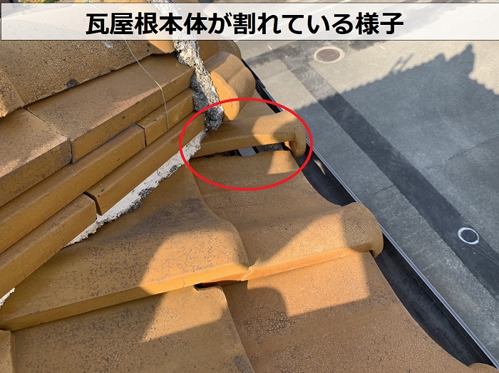 中古物件購入後の瓦屋根調査で瓦屋根が割れている様子