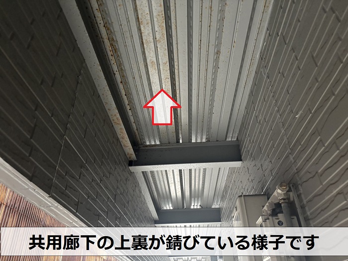 ３階建てアパートの共用廊下の裏が塩害により錆びている様子