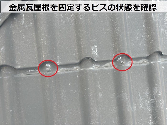 金属瓦屋根を固定するビスを無料調査している様子