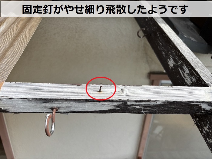塩ビ製の波板を固定する釘がやせ細っている様子