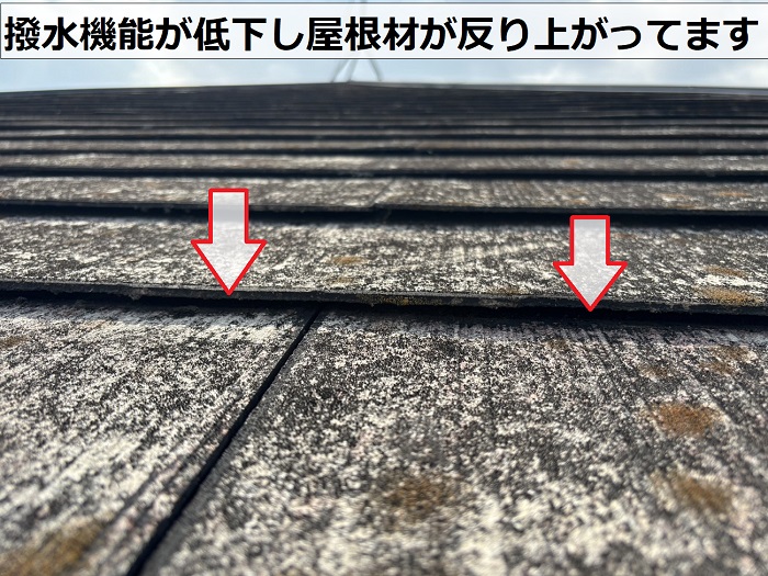 川西市で無料調査を行っているコロニアル屋根は反り上がっている様子