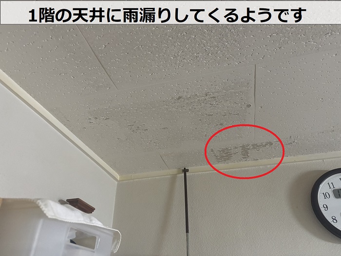 1階の天井に雨漏りしている様子