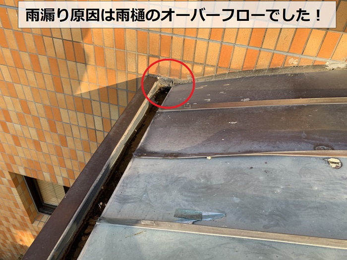 芦屋市エントランス屋根の雨樋が雨漏りの原因