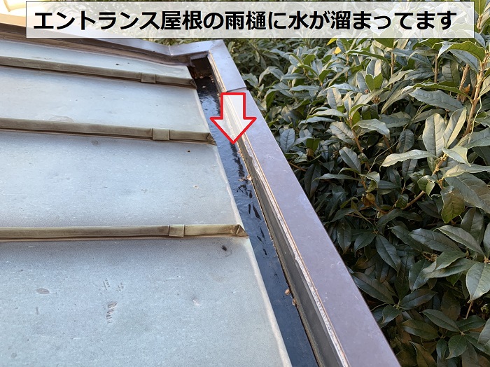エントランス屋根の雨樋に水が溜まっている様子