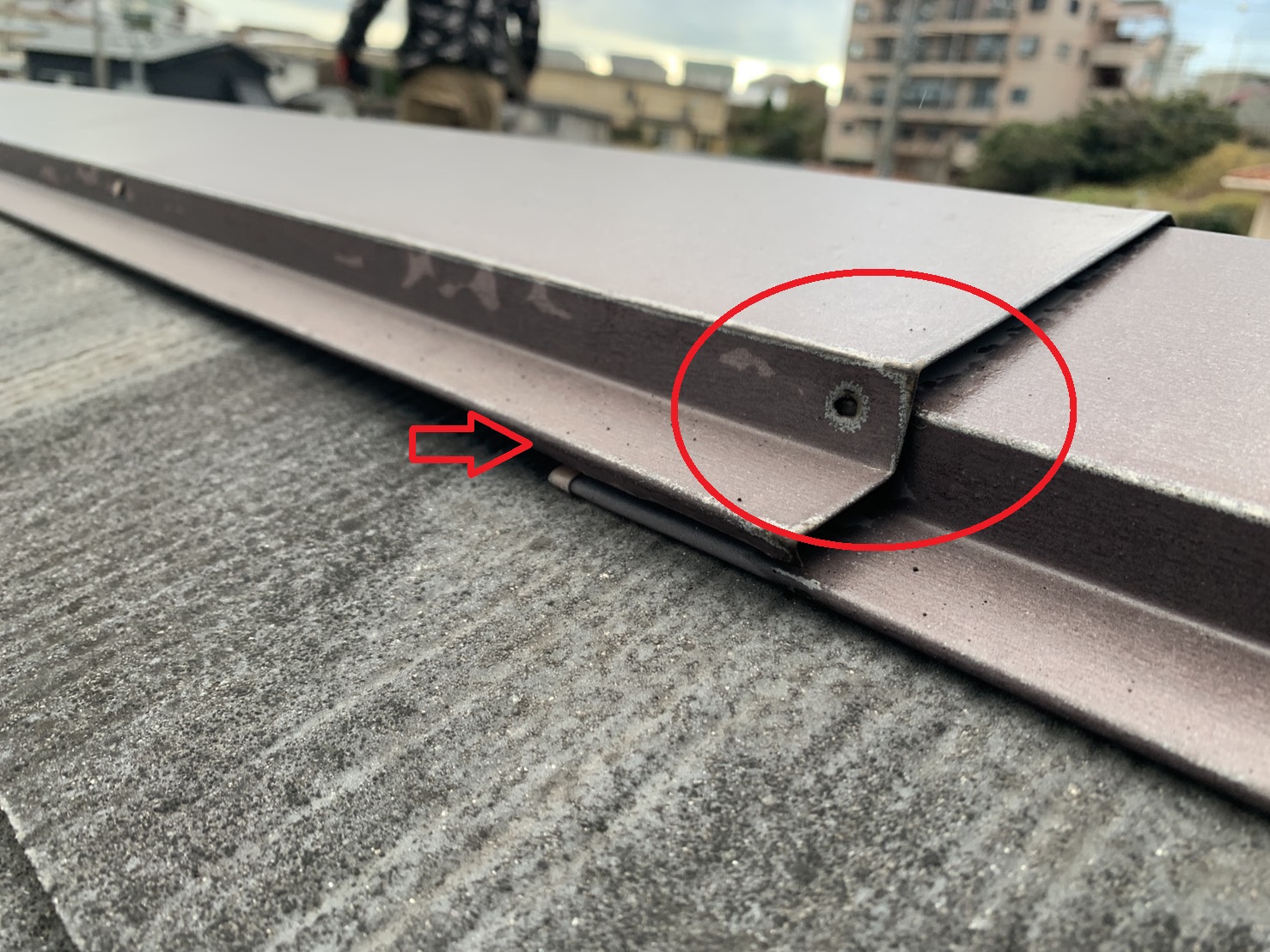 棟板金の釘が抜けて浮き上がっている様子