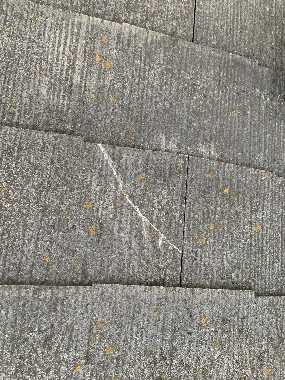 明石市の屋根調査でスレート屋根のひび割れを発見した様子