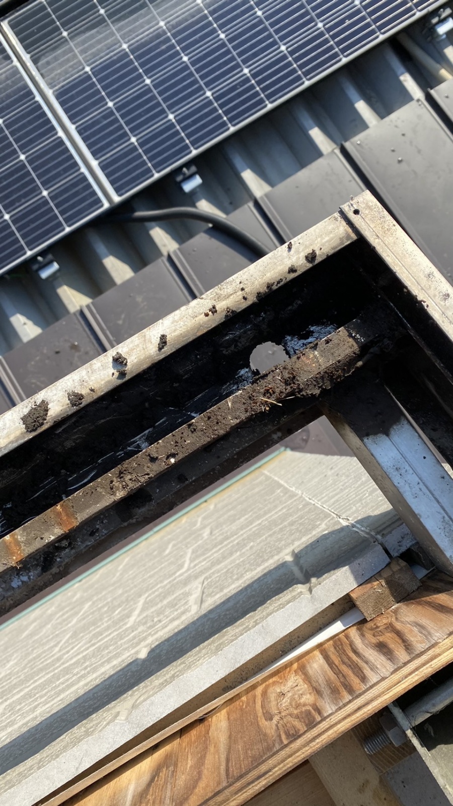 神戸市北区での波板交換で雨樋を掃除した様子