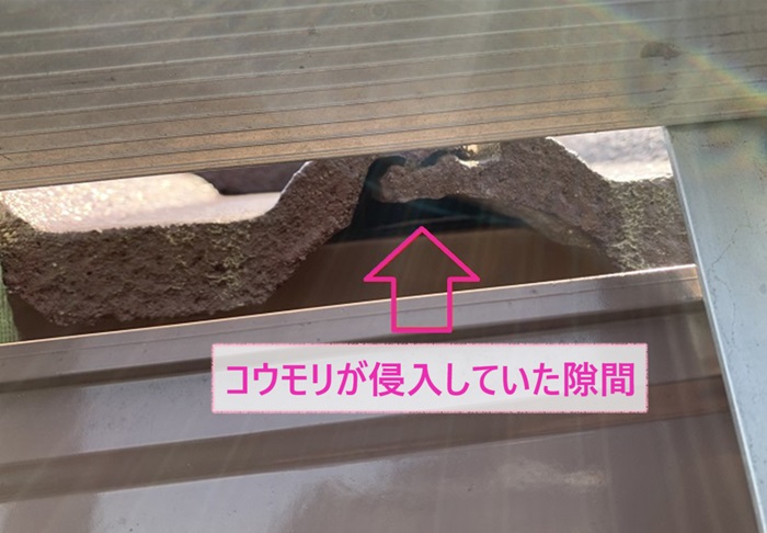 姫路市で屋根リフォームをするM型スレート屋根のコウモリが侵入してくる隙間の様子