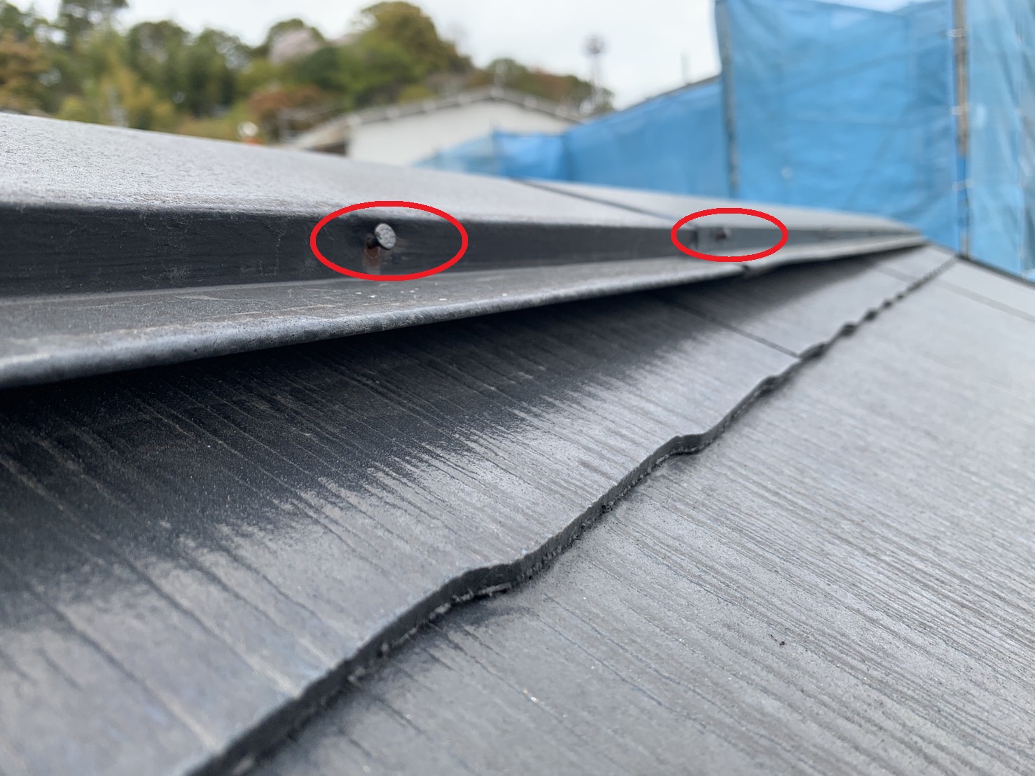 棟板金の浮きの原因となった固定釘の抜け