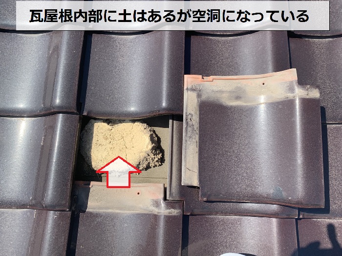瓦屋根内部が空洞になっている様子