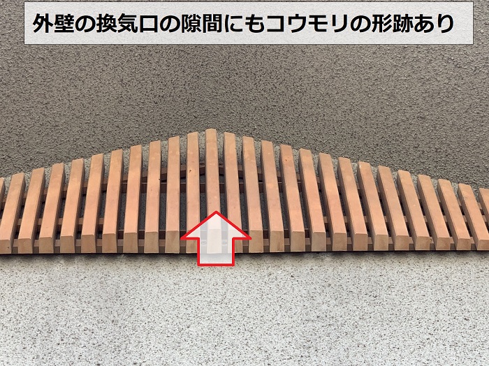 外壁の換気口にもコウモリの形跡あり