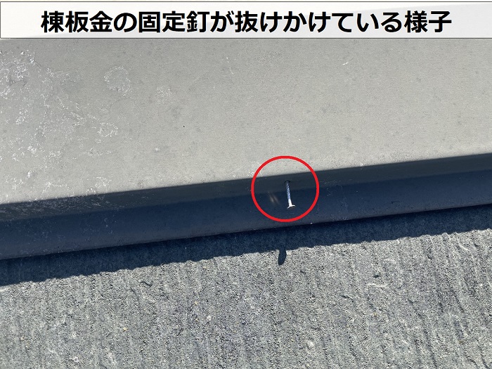 棟板金の固定釘が抜けかけている様子
