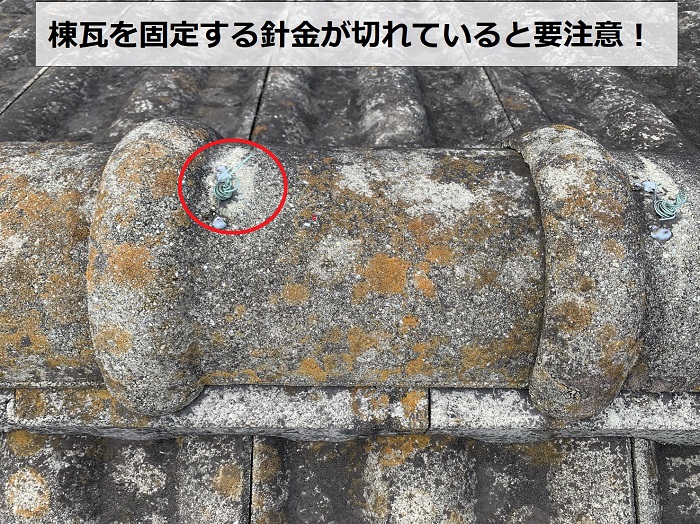 モニエル瓦の棟を固定する針金を調査