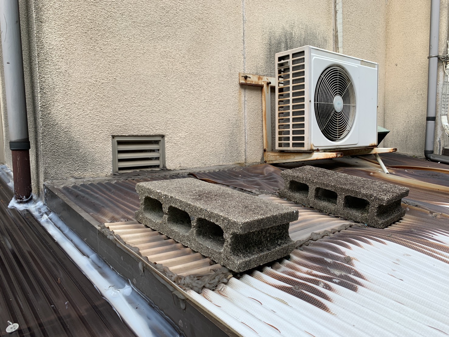 台風の影響で雨漏りしている波板は経年劣化でボロボロ