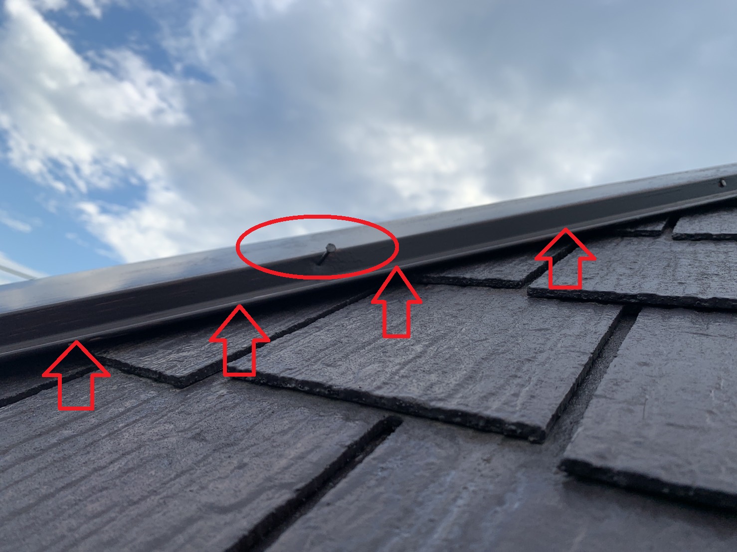 棟板金が台風による強風で浮き上がっている様子