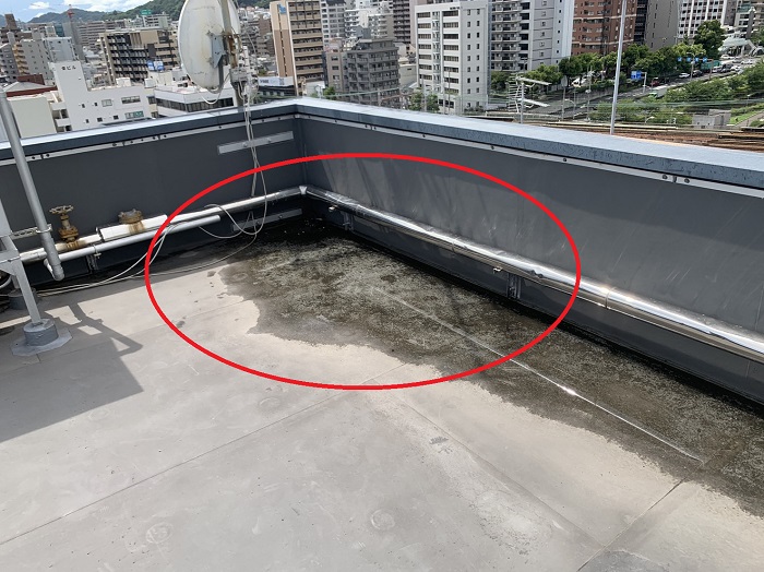 雨漏りしている屋上防水に水が溜まっている様子