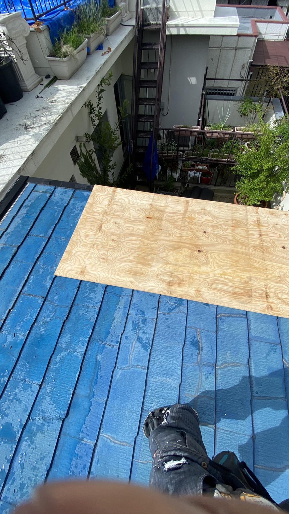 傾斜の緩い屋根に下地用合板を葺いている様子