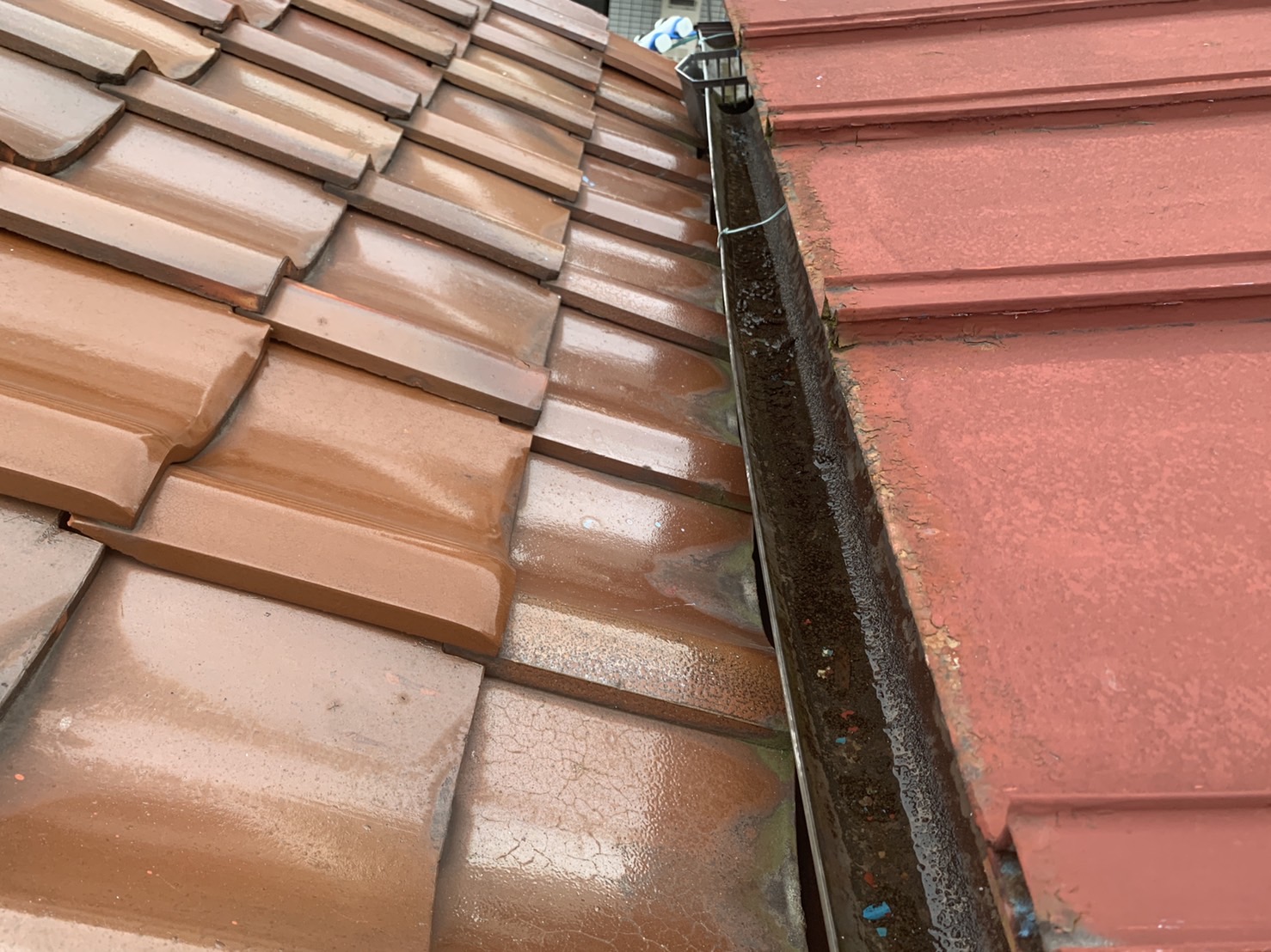 隣の家と隙間があまりない金属屋根