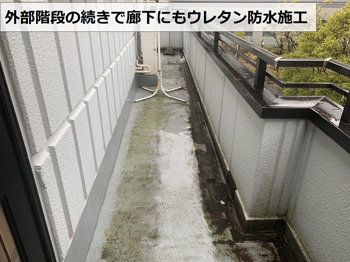 外部階段の続きで廊下にもウレタン防水を施工している様子