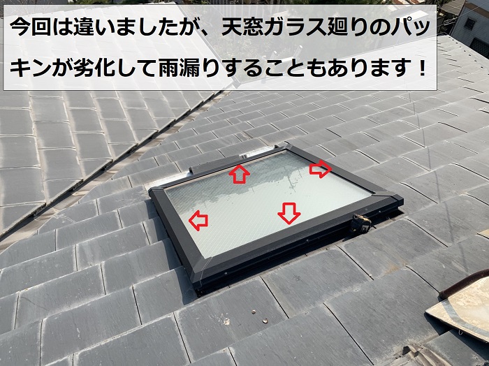 天窓廻りのパッキンが劣化して雨漏りしている様子