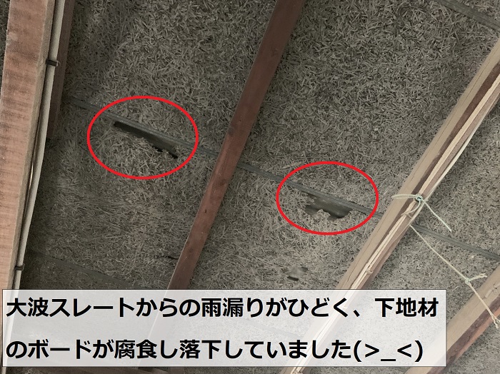 雨漏りの影響で屋根下地のボードが腐食し落下している様子