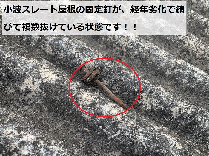 小波スレート屋根を固定する釘が錆びて抜けている様子