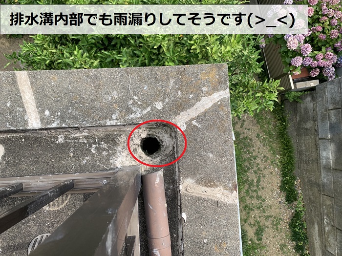 排水溝内部でも雨漏りしている様子