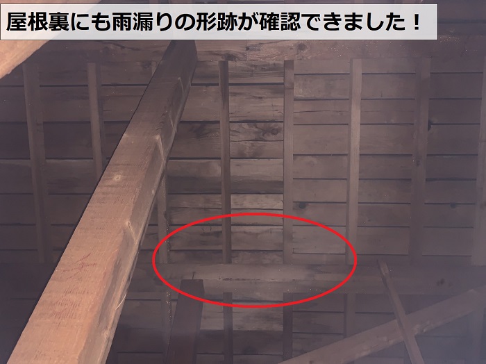 屋根裏に雨漏りの形跡が確認できた様子
