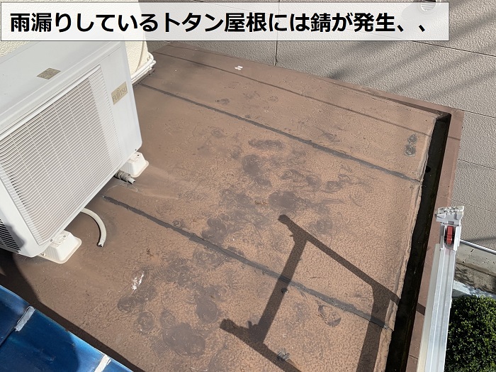 雨漏りしているトタン屋根に錆が発生している様子