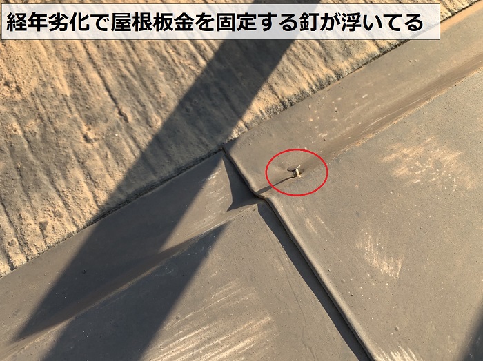 経年劣化で屋根板金の釘が浮いている状態