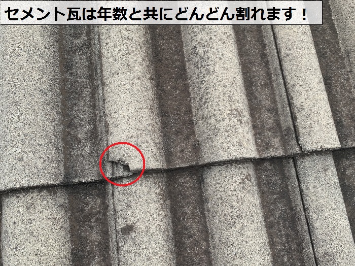 セメント瓦屋根が割れている様子