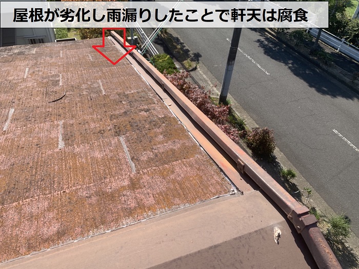 屋根が劣化して雨漏りしたことにより軒天が腐食した様子