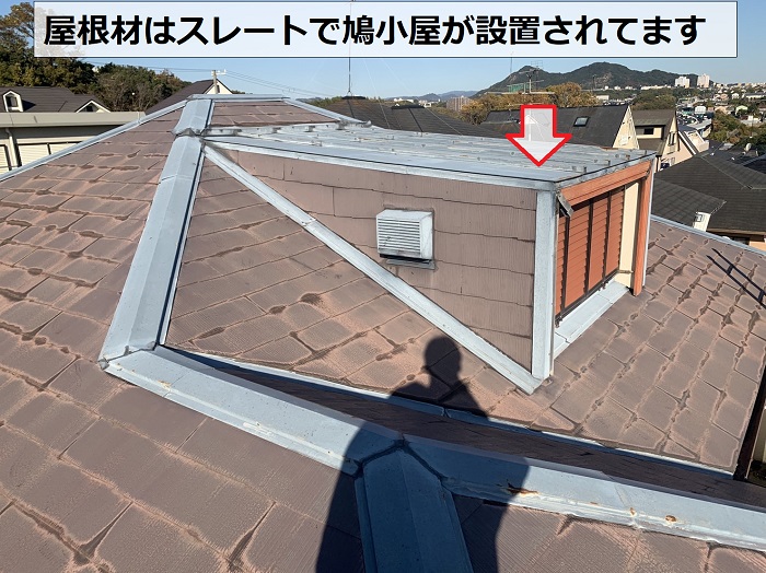 スレート屋根に鳩小屋が設置されている様子