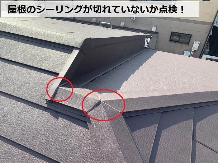 屋根のシーリングが切れていないか点検している様子