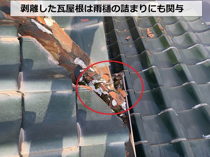 剥離した瓦屋根が雨樋の詰まりに関与