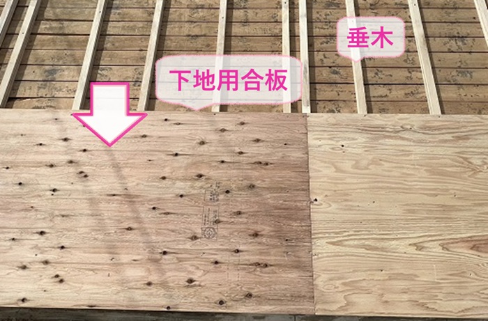 陶器瓦の貼り替えで垂木と下地用合板を取り付けている様子
