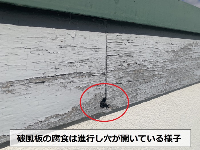 無料点検で破風板に穴が開いているのを発見