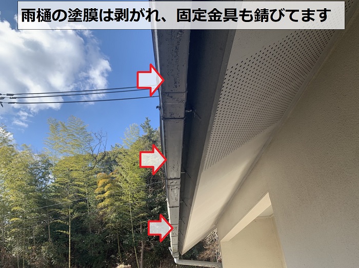 雨樋の塗膜が剥がれている様子