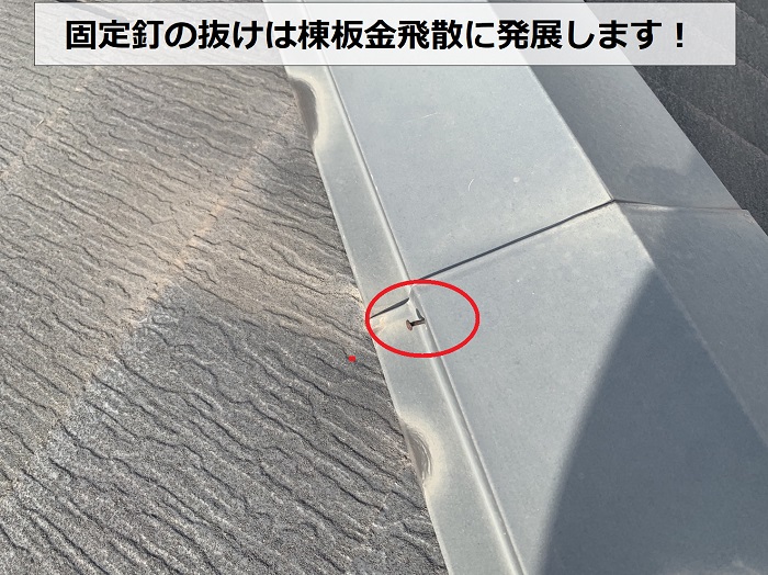 棟板金の固定釘が抜けている様子