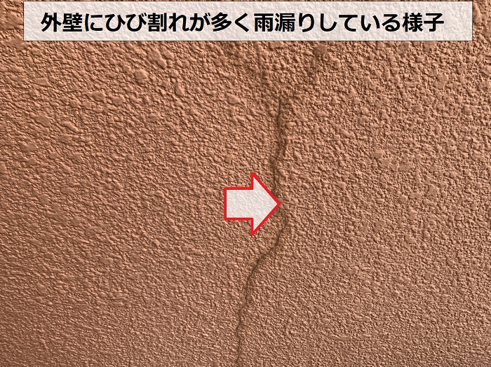 外壁のモルタル壁にひび割れが多い様子