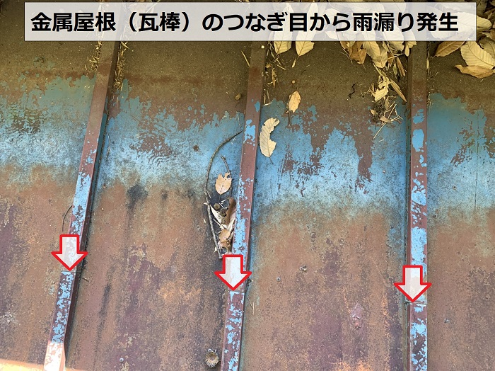 金属屋根（瓦棒）のつなぎ目から雨漏りしている様子