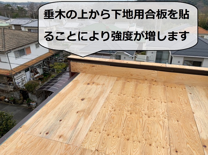 トタン屋根への板金工事で下地用合板を貼った様子